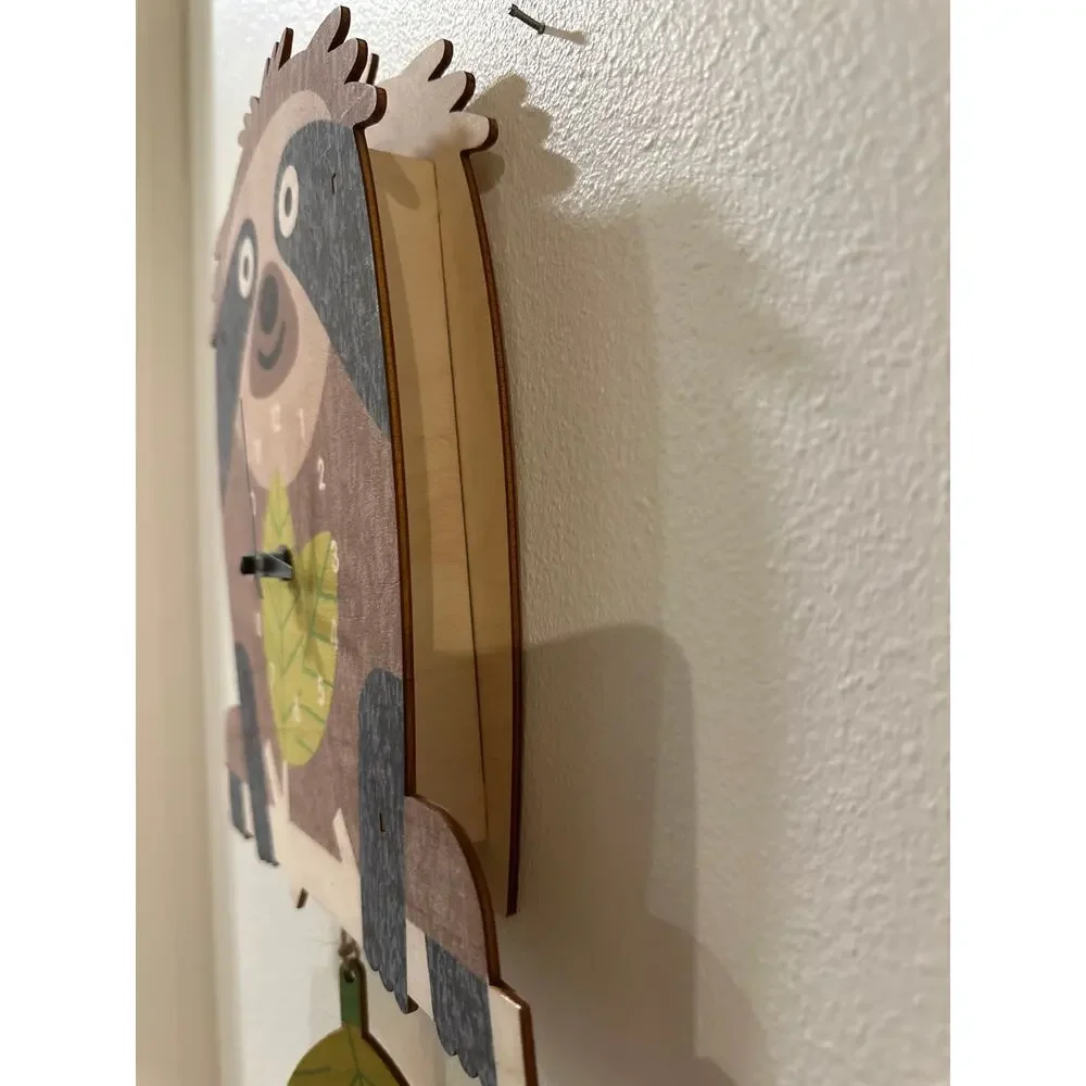 Sloth 3D Wall Clock by Modern Moose with a Leaf Pendulum Baltic Birch Wood